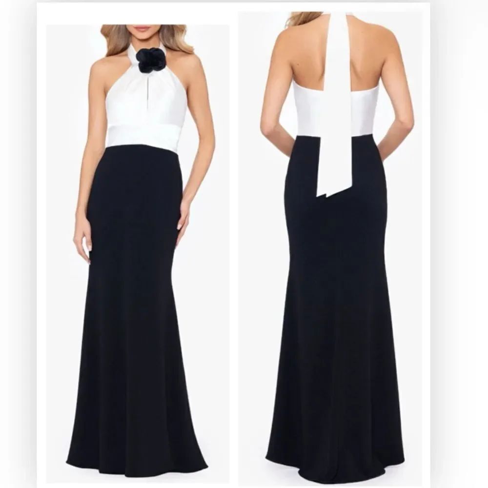 Betsy & Adam A26354 Black Long scuba crepe gown with flower Dress Sz 6